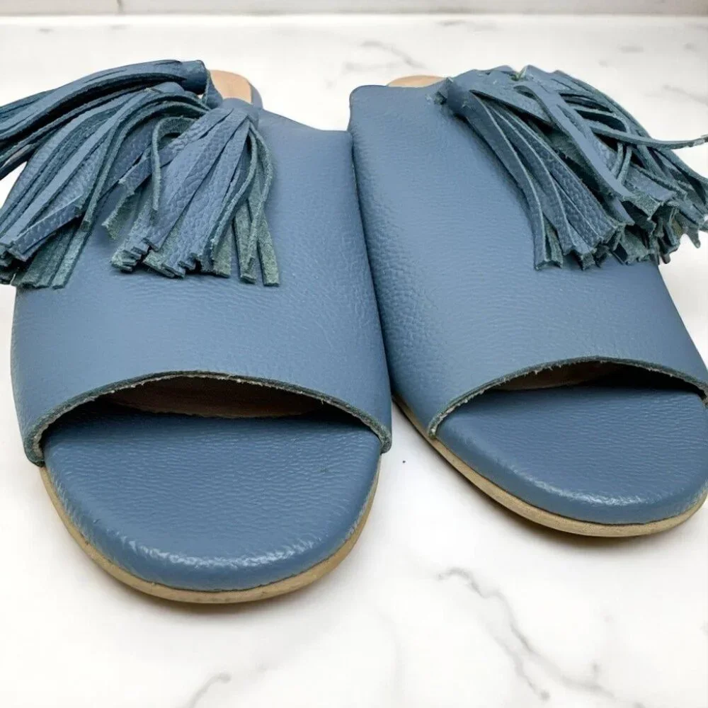 Kaanas Blue Pompom Leather Loafer Mule Sandal